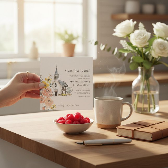 Carte sketch Church Floral Watercolor Save the Date (Créateur téléchargé)