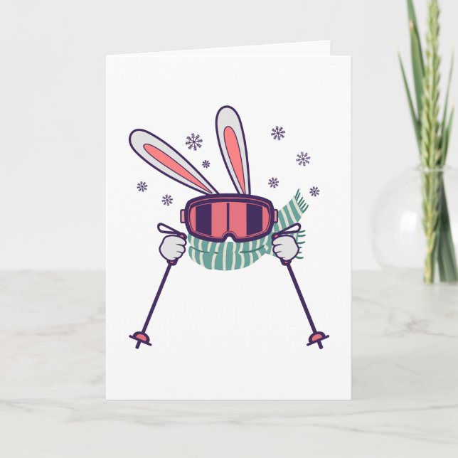 Carte Ski lapin avec bâtons de ski lunettes de ski et éc (Devant)