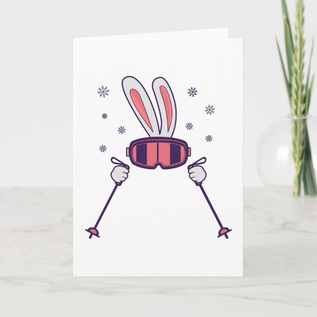 Carte Ski Rabbit avec bâtons de ski et lunettes de ski (Devant)