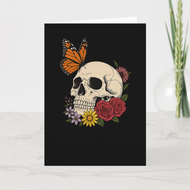 Carte Skulls Monarch Butterfly Flowers Halloween Men Wom (Devant)