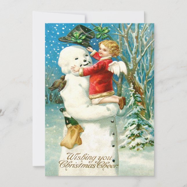 Carte Snowman Angel Cherub Four Leaf Clocher (Devant)