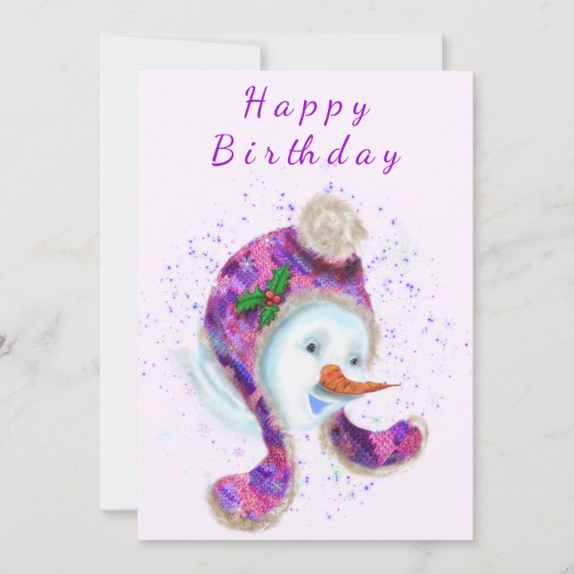 Carte Snowman Anniversaire En Béanie Rose Violet Casquet (Devant)
