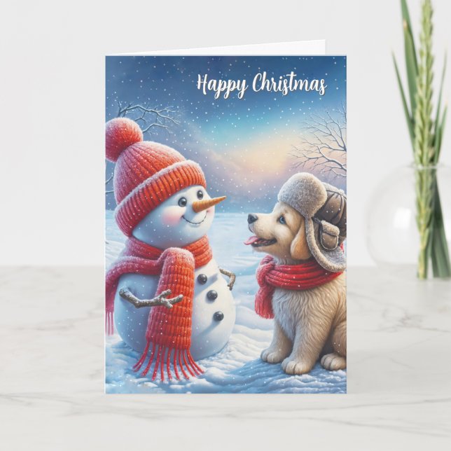 Carte Snowman de Noël avec chien (Devant)