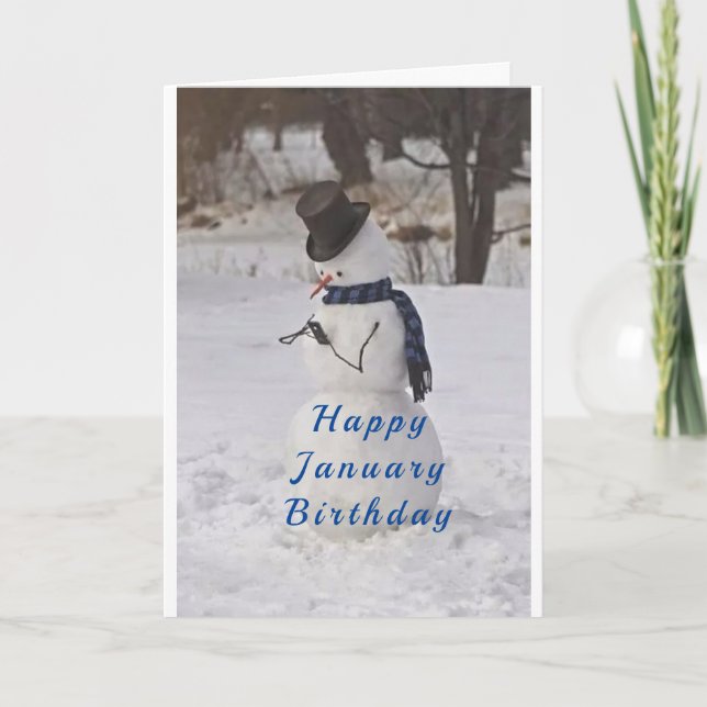 CARTE SNOWMAN DIT **HEUREUX JANVIER ANNIVERSAIRE** (Devant)
