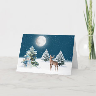 Carte Snowman et cerf de vacances au clair de lune d'hiv