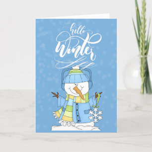 Carte Snowman portant le bleu - Bonjour hiver