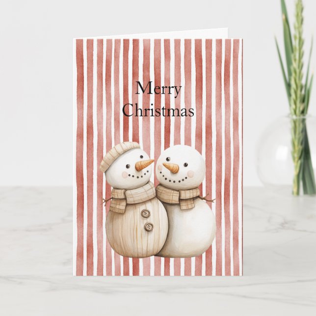 Carte Snowman Snow Couple Red Stripes Christmas  (Devant)
