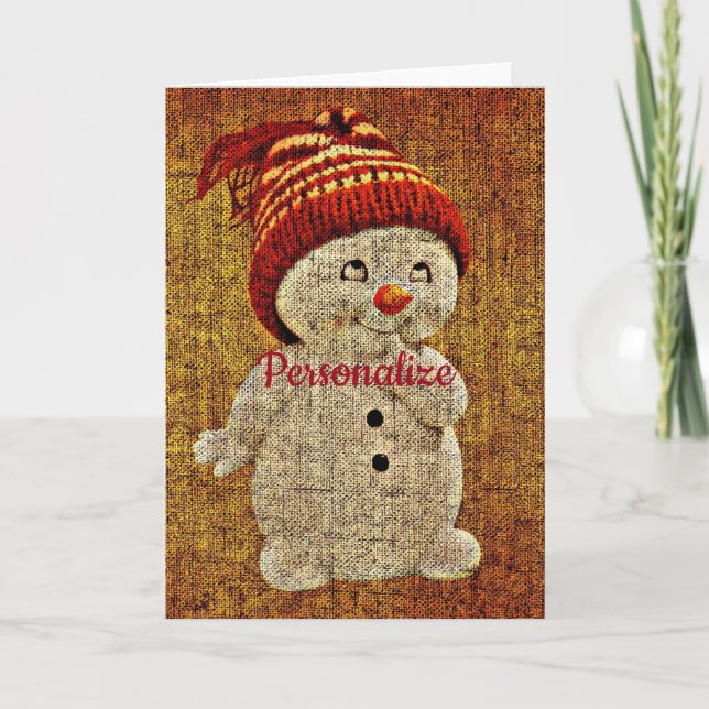 Carte Snowman sur burlap mignon pays rustique hiver (Devant)