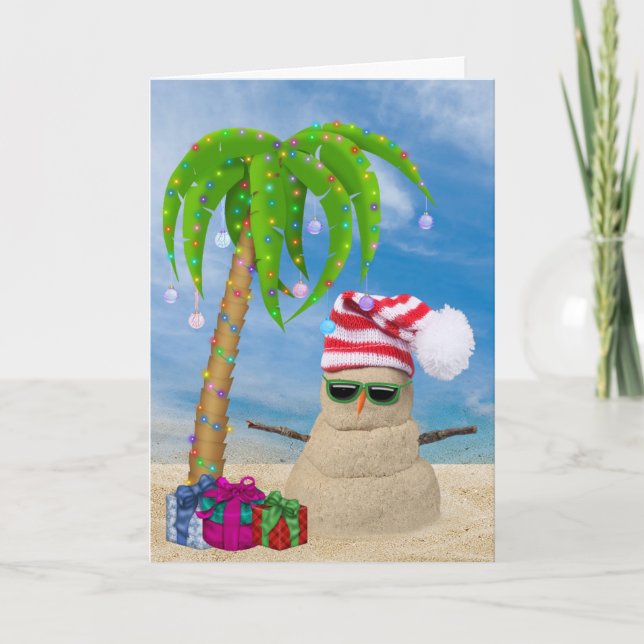 Carte Snowman tropical de sable avec palmier de Noël (Devant)
