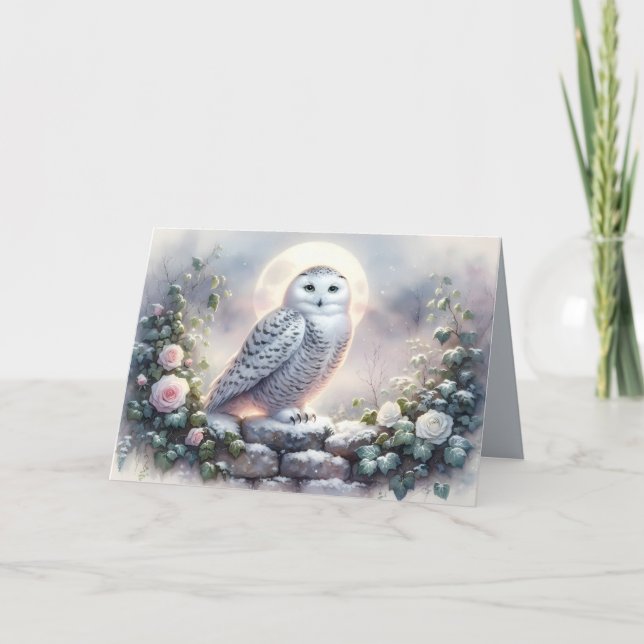 Carte Snowy Owl in Moonlit Winter Garden (Devant)