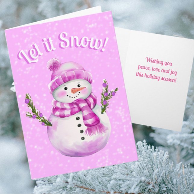 Carte Snowy Pink White Snowman Personalized (Personalize this card with your own message on front and inside)