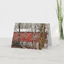 Snowy red covered bridge holiday greeting card