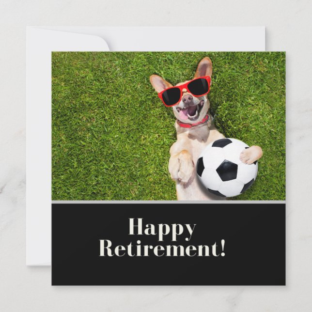 Carte Soccer heureux retraite avec chien souriant sur ve (Devant)