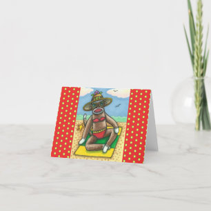 Carte SOCK MONKEY RED BIKINI, AU CARTOON DE PLAGE Drôle