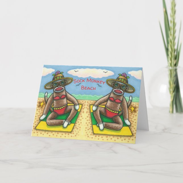 Carte SOCK MONKEY RED BIKINI, AU CARTOON DE PLAGE Drôle (Devant)