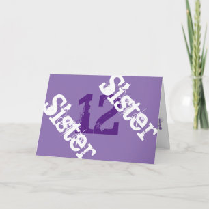 Carte Soeur, 12ème anniversaire, blanc sur violet.