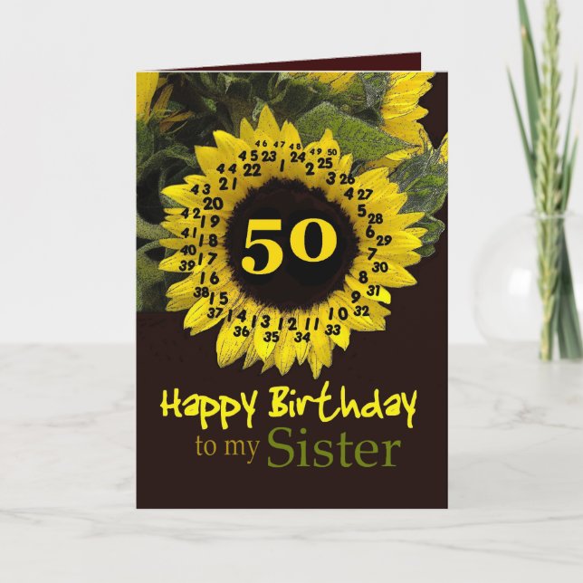 Carte SOEUR - 50e anniversaire avec Tournesol joyeux (Devant)
