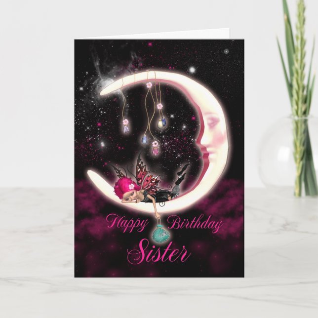 Carte Soeur Anniversaire Avec Imaginaire Lune Fée (Devant)