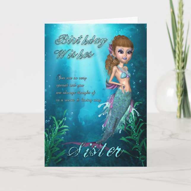 Carte Soeur Anniversaire Avec Mignonne Sirène (Devant)