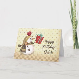 Carte Soeur Birthday Bird sur Snowman avec présent