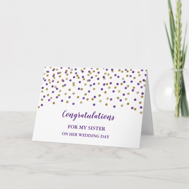 Carte Soeur d'or violet jour de mariage Félicitations (Devant)