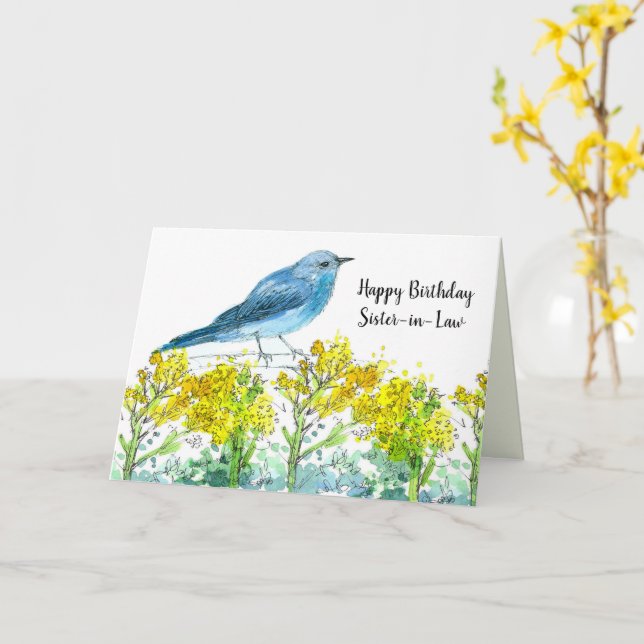 Carte Soeur En Droit Joyeux Anniversaire Bluebird Fleurs (Fleur jaune)