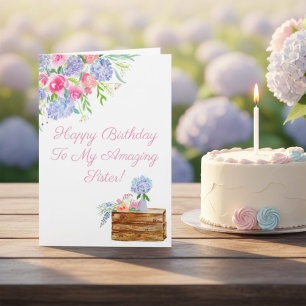 Carte Sœur Fleurs d'anniversaire Aquarelle Hydrangea Ros