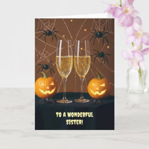 Carte Soeur Happy Halloween Champagne Cheers Drôle