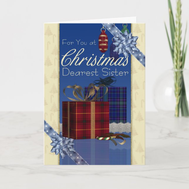 Carte Soeur Noël - Élégante Avec Cadeaux Et Bow (Devant)