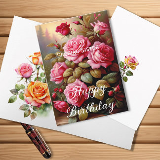 Carte Soeur spéciale Roses roses roses brillantes Annive