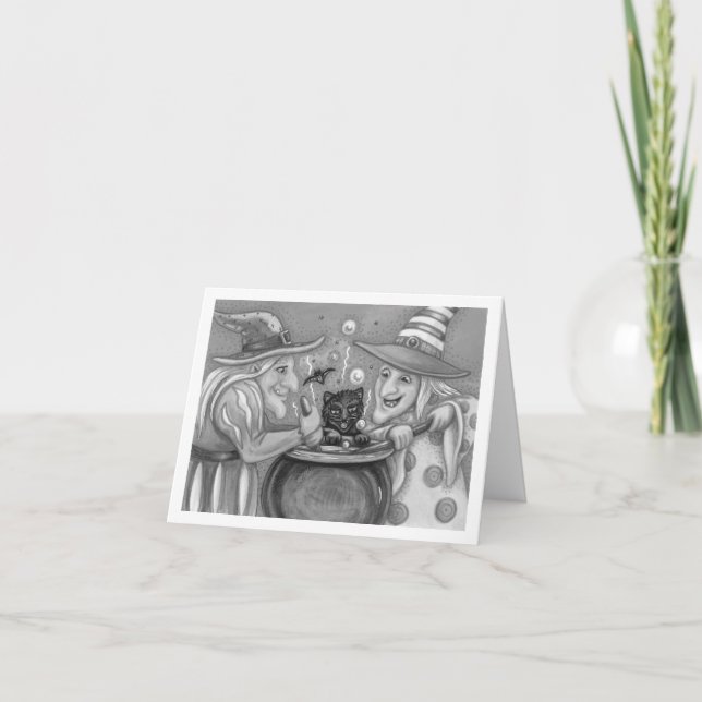 CARTE SŒURS SORCIÈRES, CHAT NOIR & BRASSAGE D'HALLOWEEN (Devant)