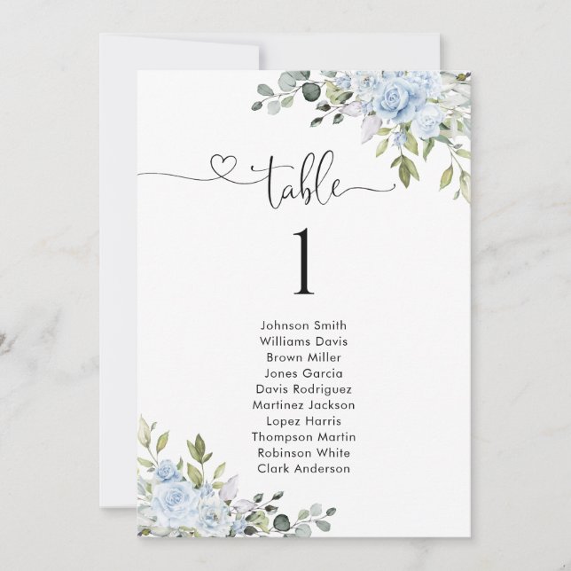Carte Soft Blue Botanical Table Number Seating Chart (Devant)