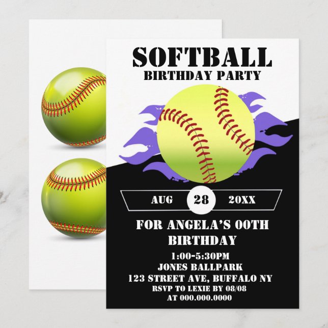 Carte Soirée d'anniversaire Softball Purple Fire (Devant / Derrière)