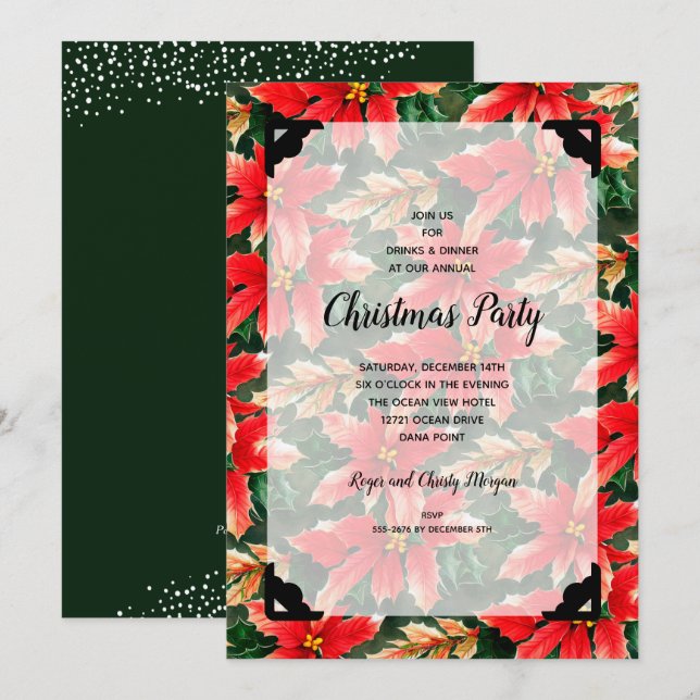 Carte Soirée de Noël à l'élégante verdure fleurie (Devant / Derrière)