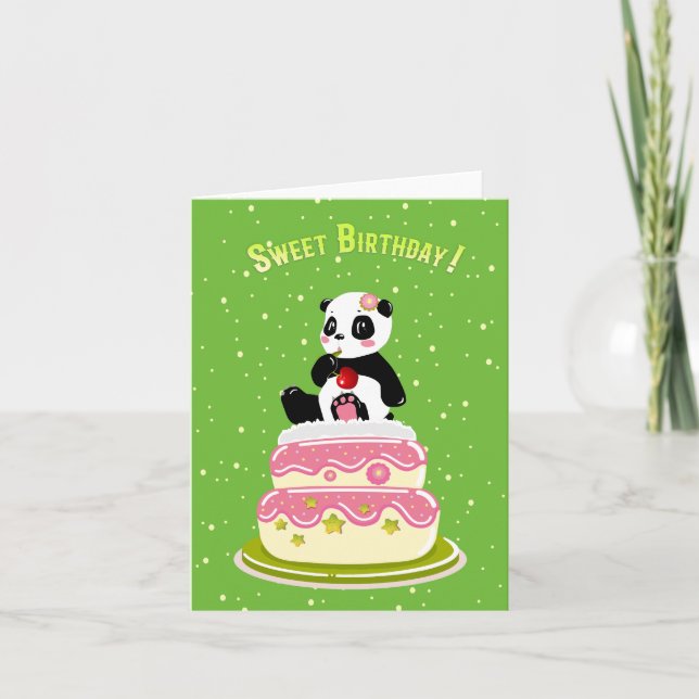Carte Soirée / Panda mignonne avec gâteau et cerise (Devant)