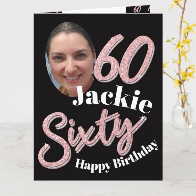 Carte soixante-60ème anniversaire script photo rose rose (Fleur jaune)