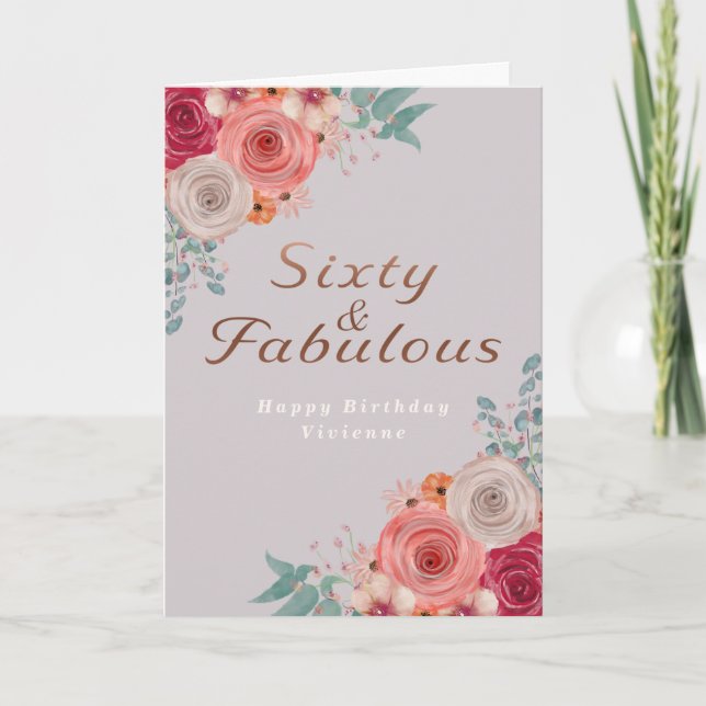 Carte Soixante et fabuleux corail floral rose anniversai (Devant)