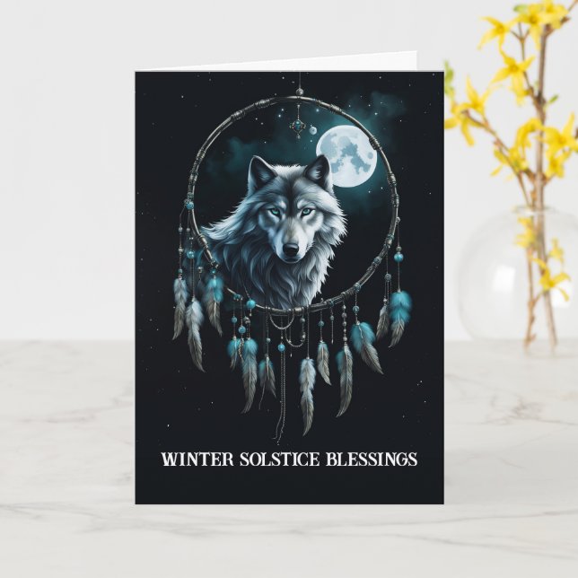 Carte Solstice d'hiver avec loup dans la lune de chasse  (Fleur jaune)