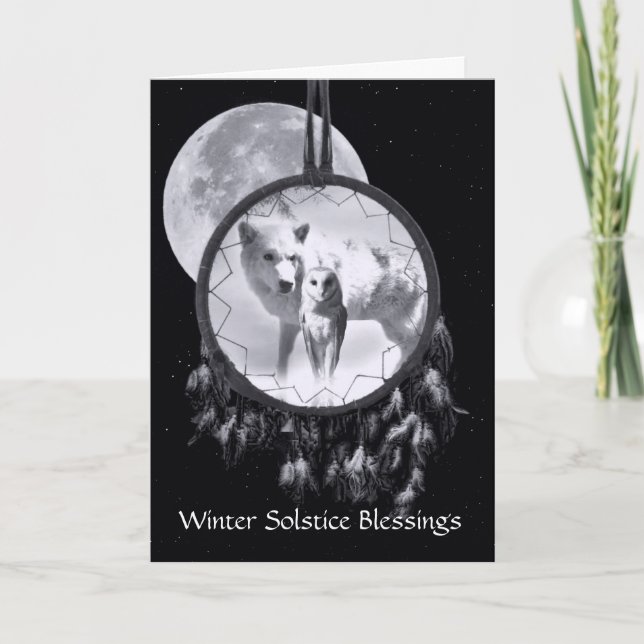 Carte Solstice d'hiver Loup blanc et Dreamcatcher d'hibo (Devant)