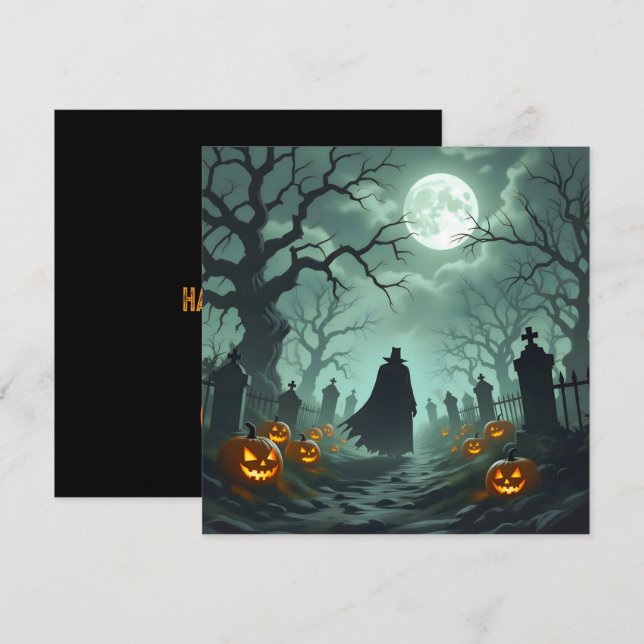 Carte Sombre Halloween nuit Éffrayant cimetière paysage (Devant / Derrière)