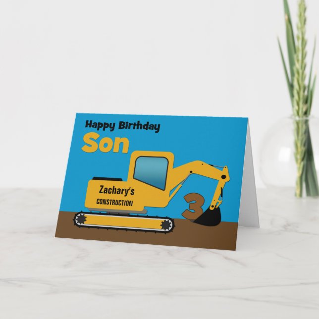 Carte Son 3e anniversaire Yellow Excavator Ajouter un no (Devant)