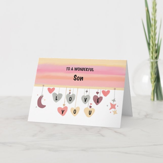 Carte Son Anniversaire Amour Aquarelle Coeurs Lune Étoil (Devant)