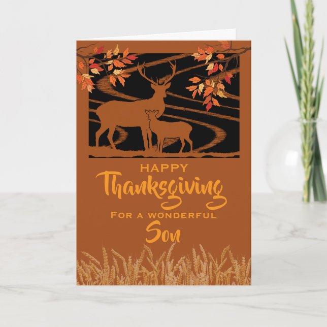 Carte Son Thanksgiving Deer in Field Fall Leaves (Devant)