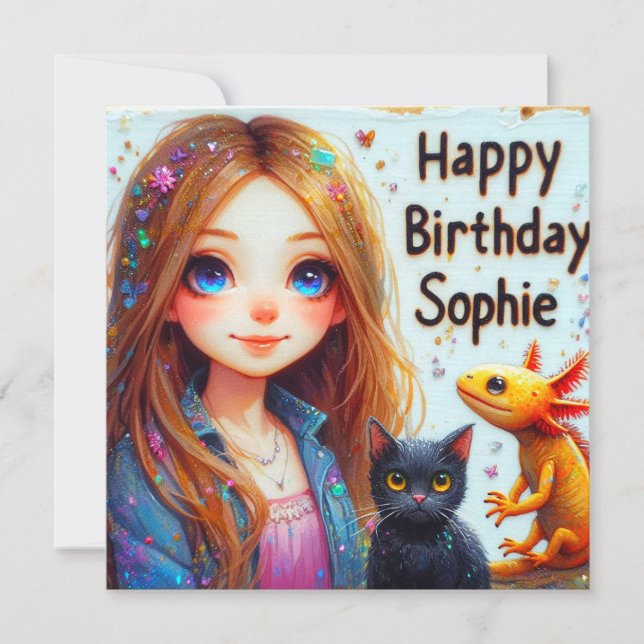 Carte SOPHIE ~ Joyeux anniversaire ~ AXOLOTL ET CAT ~ (Devant)