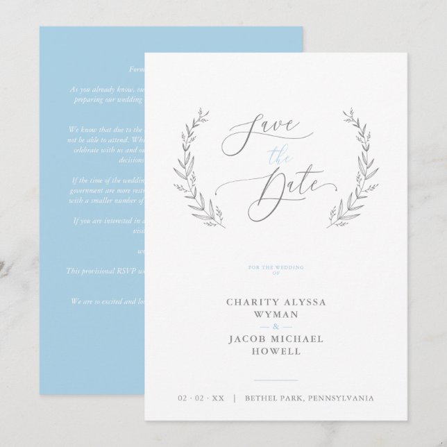 Carte Sophisticated Classic Botanical Blue Grey Wedding (Devant / Derrière)