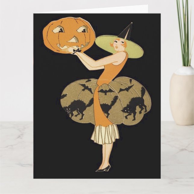 Carte Sorcière Art Déco Jack-o'-lantern Citrouille Chat  (Devant)