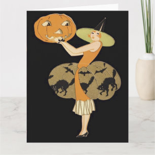 Carte Sorcière Art Déco Jack-o'-lantern Citrouille Chat