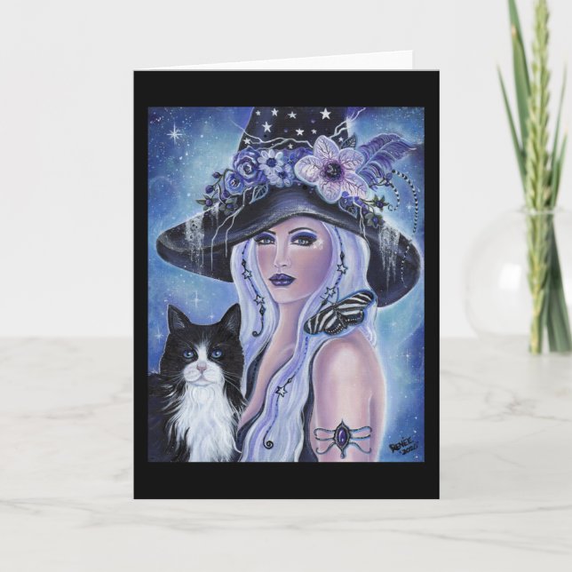 Carte Sorcière avec tuxedo cat art de Renee L. Lavoie (Devant)