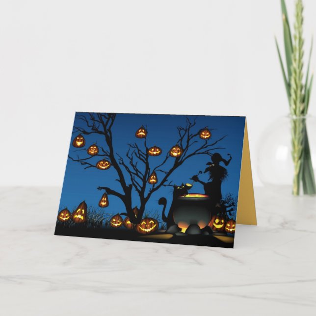 Carte Sorcière d'Halloween et citrouille (Devant)