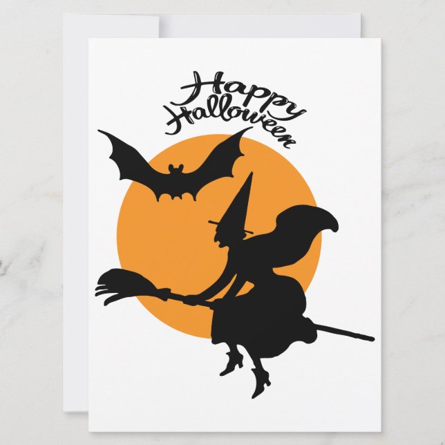 Carte sorcière d'Halloween sur bâton de brosse avec chau (Devant)